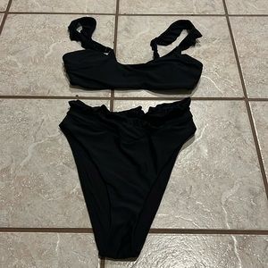 Aerie Black Ruffle Trim Scoop Neck Crossover High Waisted Cut Cheeky Bikini Set